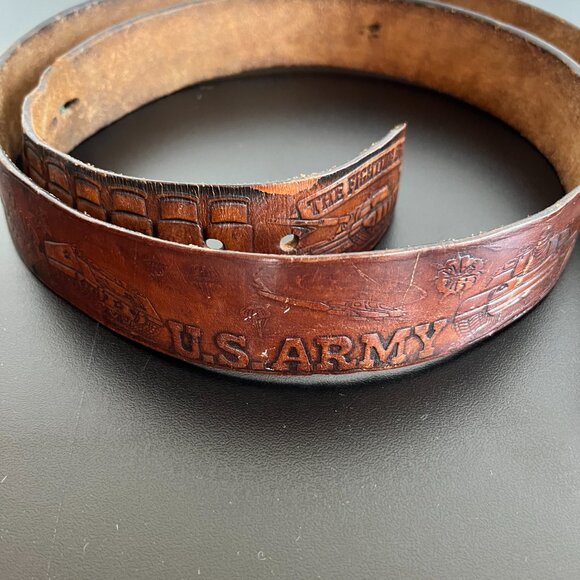 vintage 70s belt brown tooled leather U.S. ARMY cold steel brass CHRIS buckle XL - Picture 4 of 15